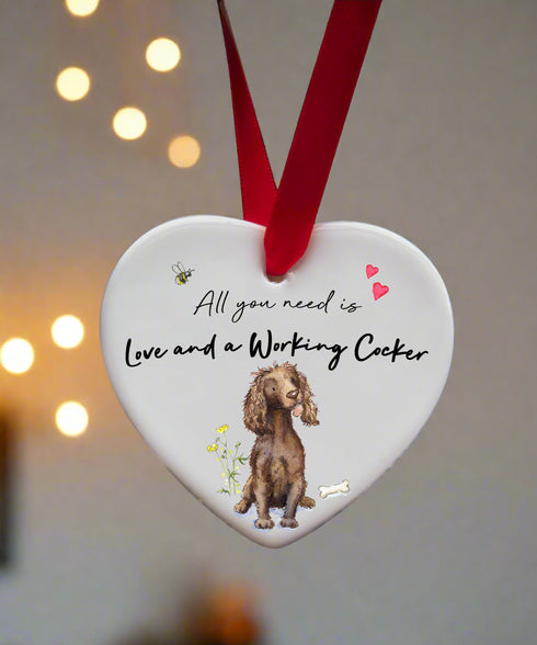 Love and a Cocker (Working) Liver Ceramic Heart